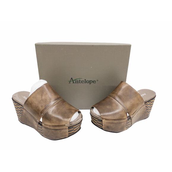 Antelope 869 Wide Banded Platform Mules 5 Women's Tan Brown - Picture 7 of 10